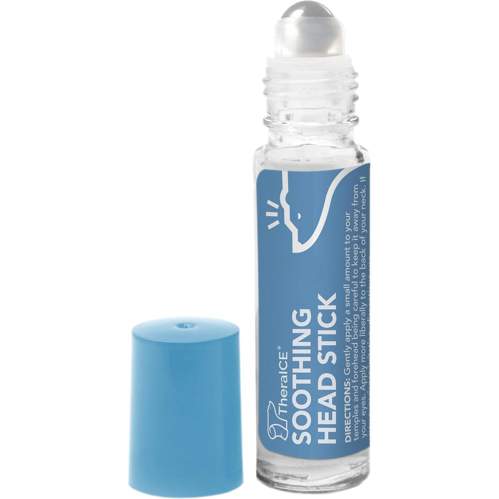 TheraICE Soothing Head Stick front view showing 10ml bottle and metal roller.