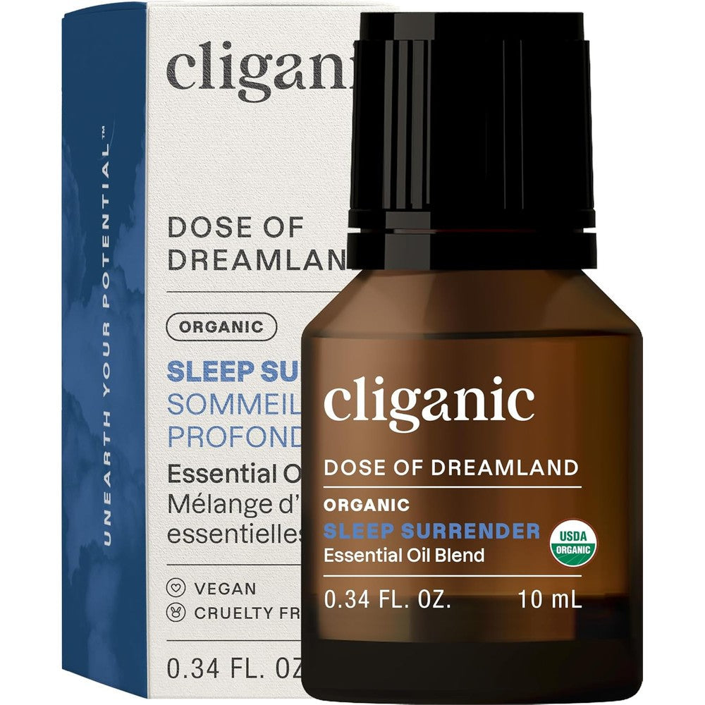 Cliganic Organic Essential Oil Sleep Surrender Blend 10ml front view showing USDA Organic seal.