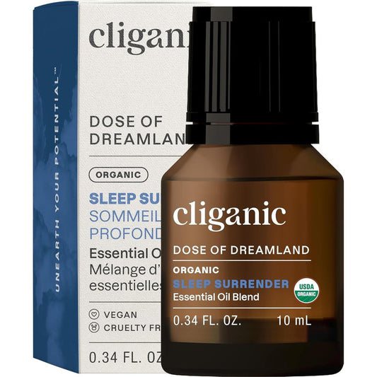 Cliganic Organic Essential Oil Sleep Surrender Blend 10ml front view showing USDA Organic seal.