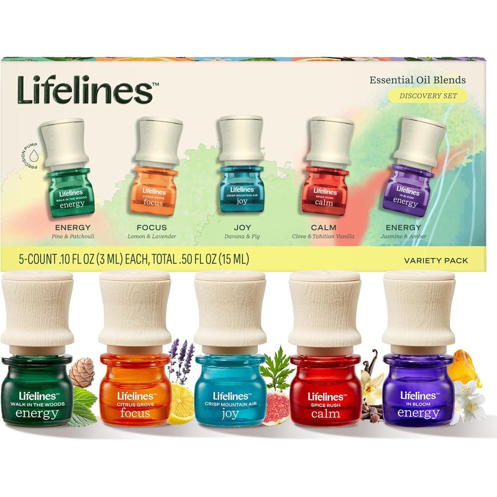 Lifelines Essential Oil Blends 5-Pack Discovery Set front view showing five bottles.
