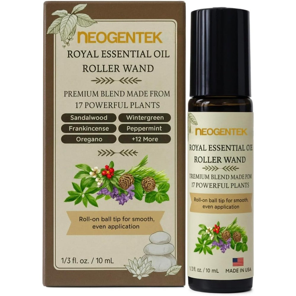 Neogentek Royal Aches and Pains Essential Oil Blend front view showing 10ml roller bottle.