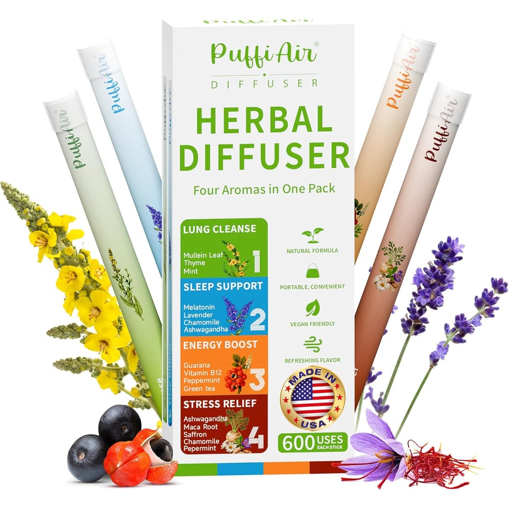 PUFFIAIR Herbal Diffuser Pen 4 Pack front view of botanical aromatherapy set