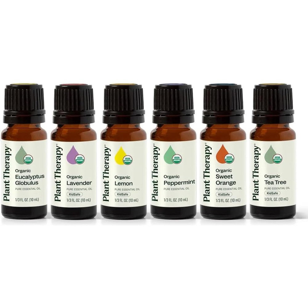 Plant Therapy Top 6 Organic Essential Oil Set front view of the gift box and six amber bottles.