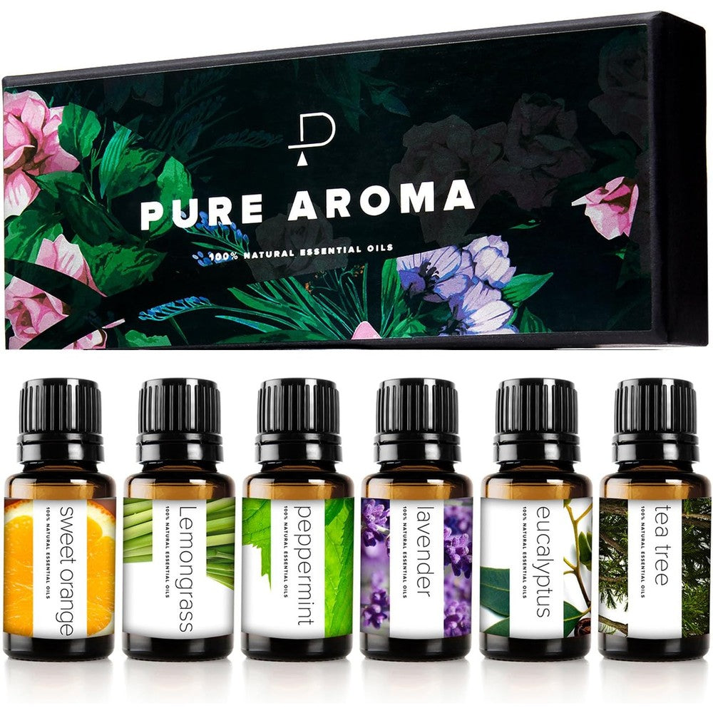Pure Aroma Essential Oils Set front view of 6 pack gift box for aromatherapy.