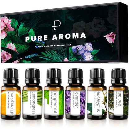 Pure Aroma Essential Oils Set front view of 6 pack gift box for aromatherapy.