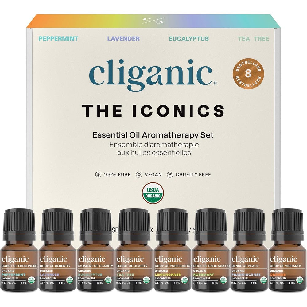 Cliganic organic aromatherapy essential oils gift set top 8 iconics collection