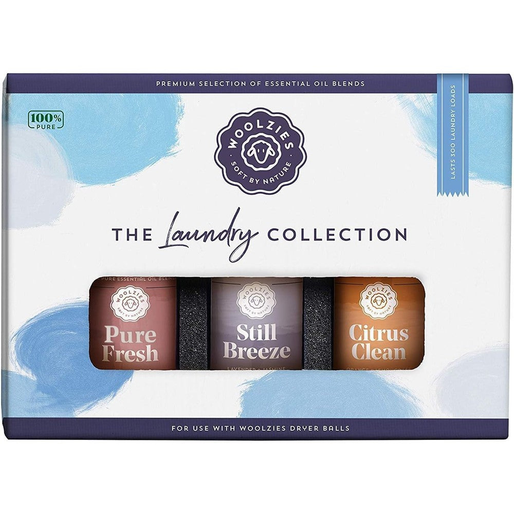 Woolzies Laundry Collection Essential Oil Set front view of three pack gift box.