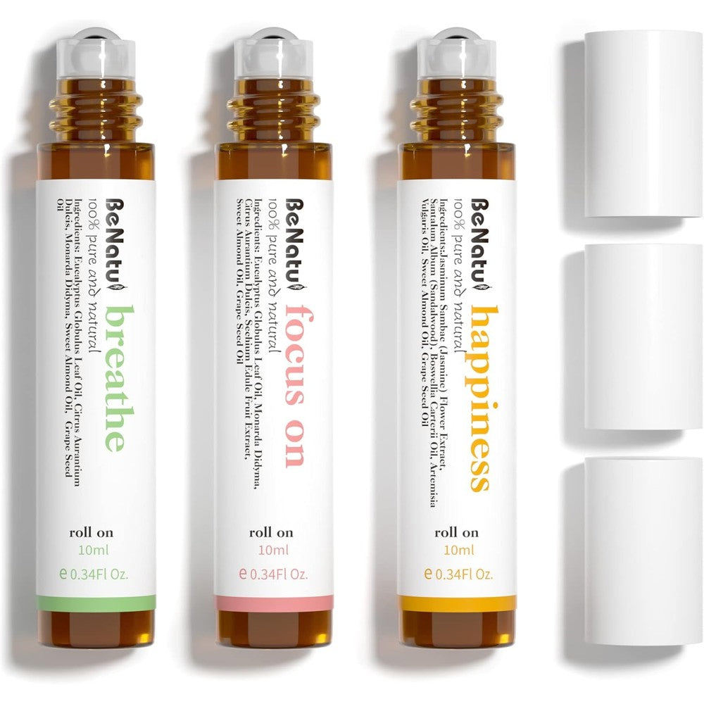 Benatu Essential Oil Blends Set front view three rollerball bottles for aromatherapy.