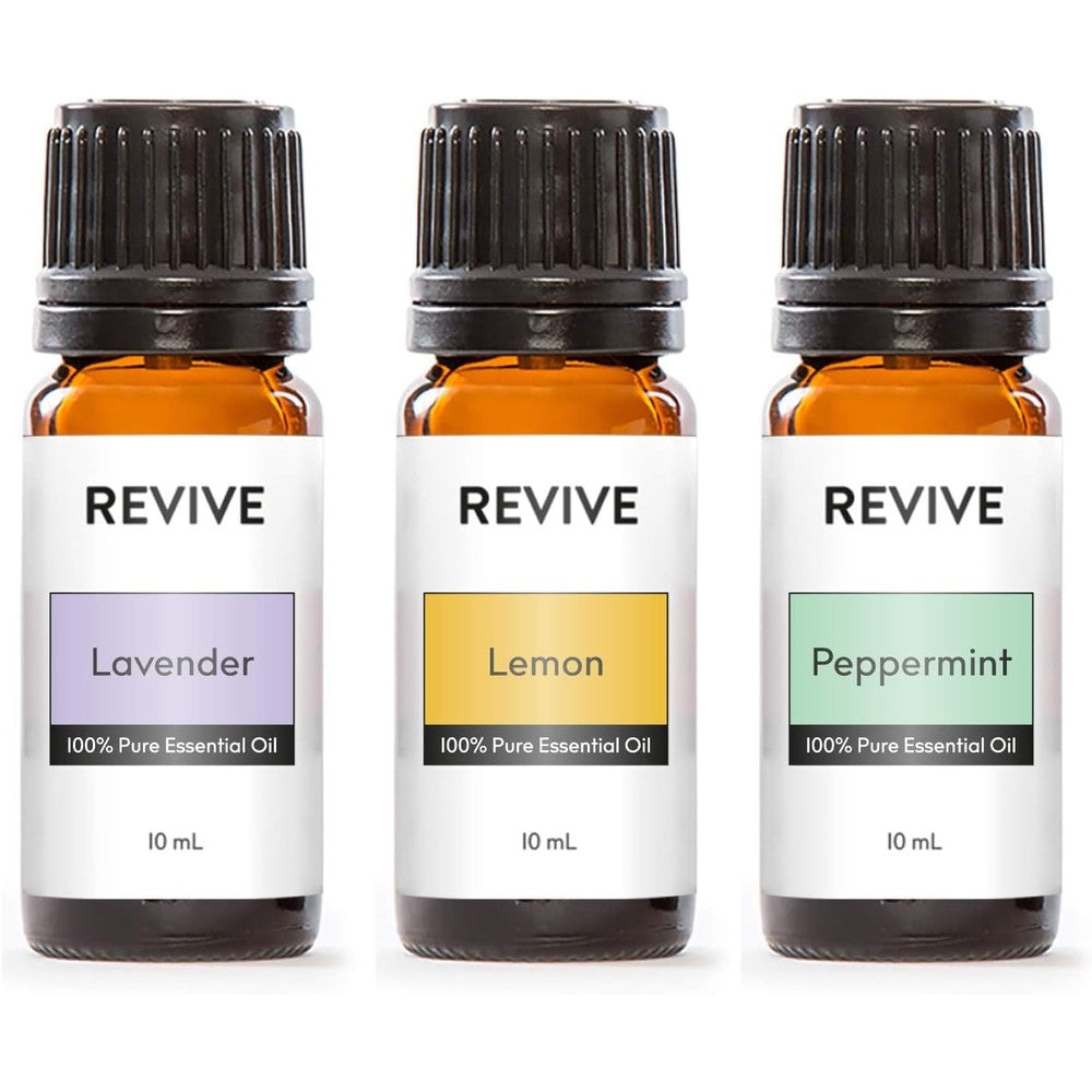Revive Essential Oils Top 3 Kit front view showing Lavender Lemon and Peppermint bottles.