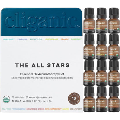 Cliganic Organic Aromatherapy Essential Oils Set front view 12 pack collection