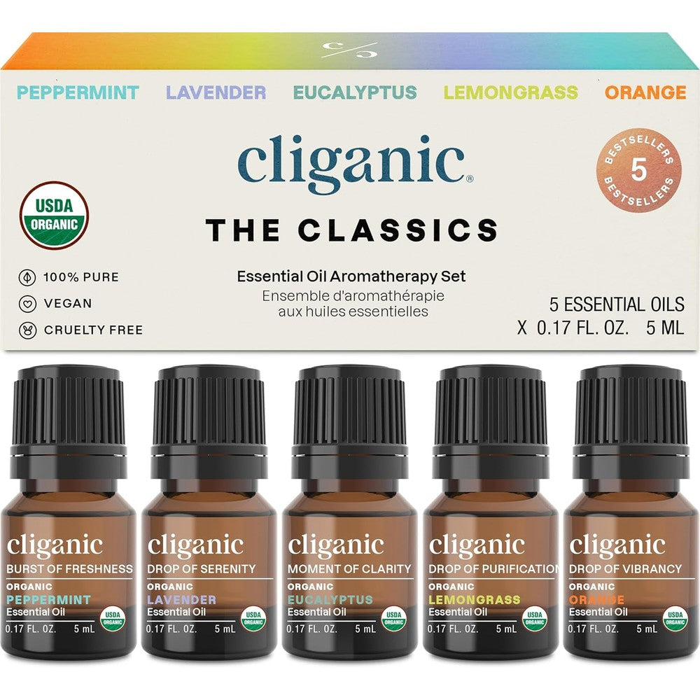 Cliganic Organic Essential Oils Set with five amber glass 5ml bottles