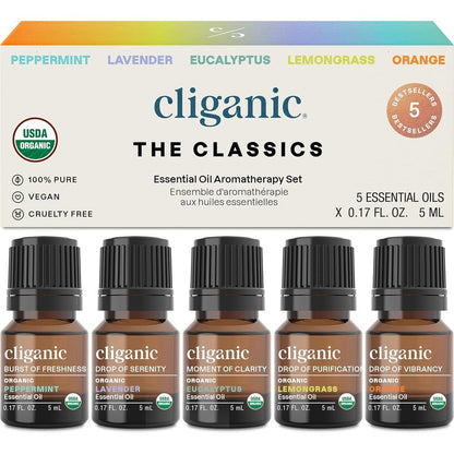 Cliganic Organic Essential Oils Set with five amber glass 5ml bottles