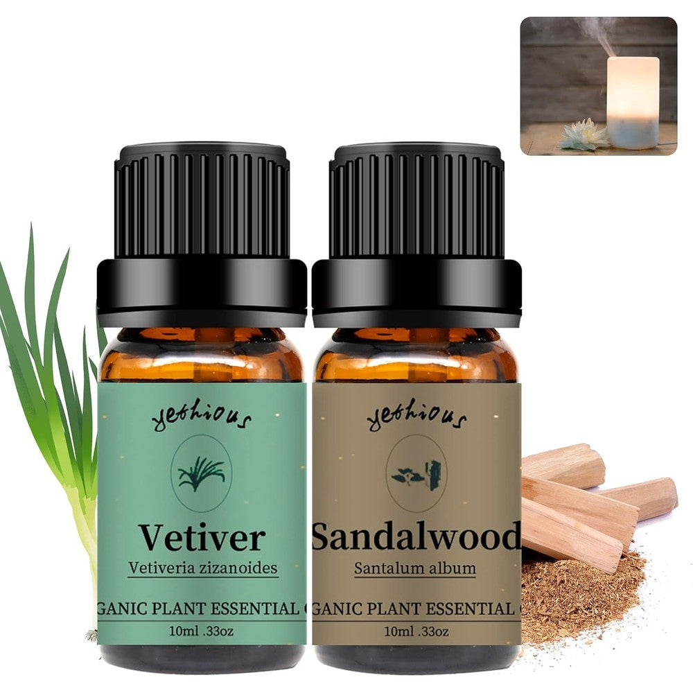 Yethious Sandalwood and Vetiver Essential Oil Set front view for aromatherapy.