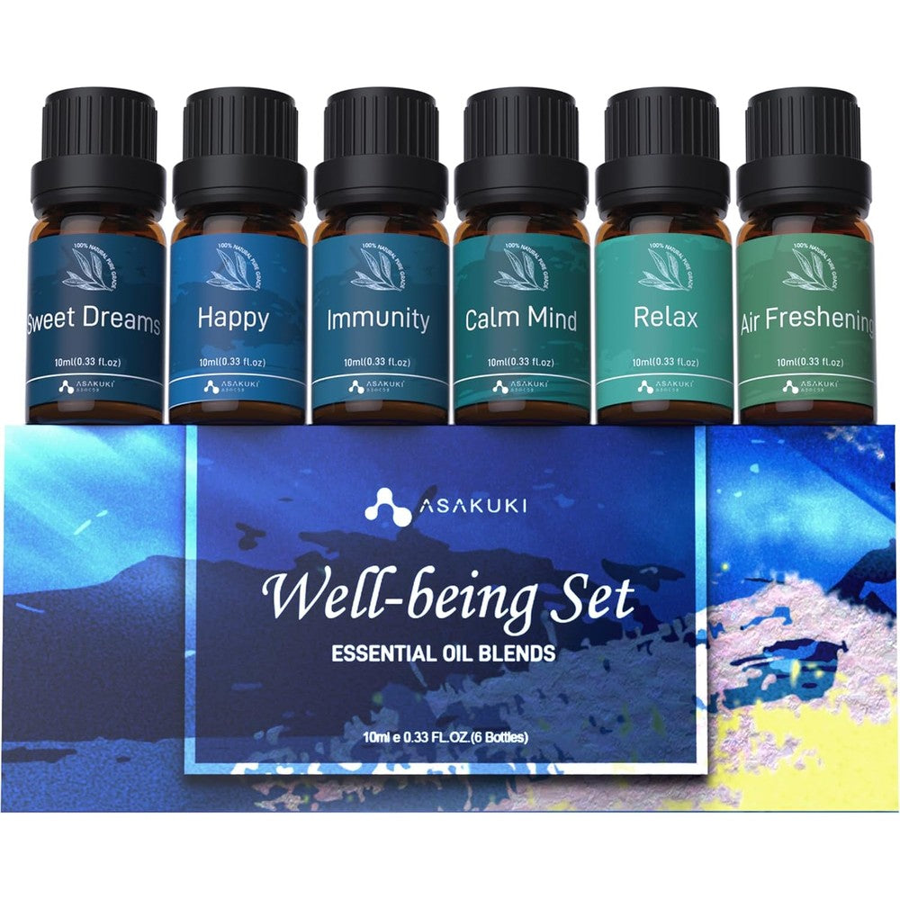 ASAKUKI Essential Oil Blends Well-Being Set front view showing six bottles in a gift box.
