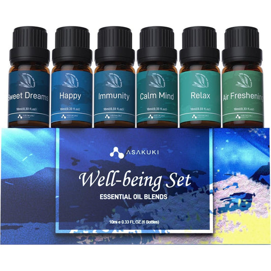 ASAKUKI Essential Oil Blends Well-Being Set front view showing six bottles in a gift box.