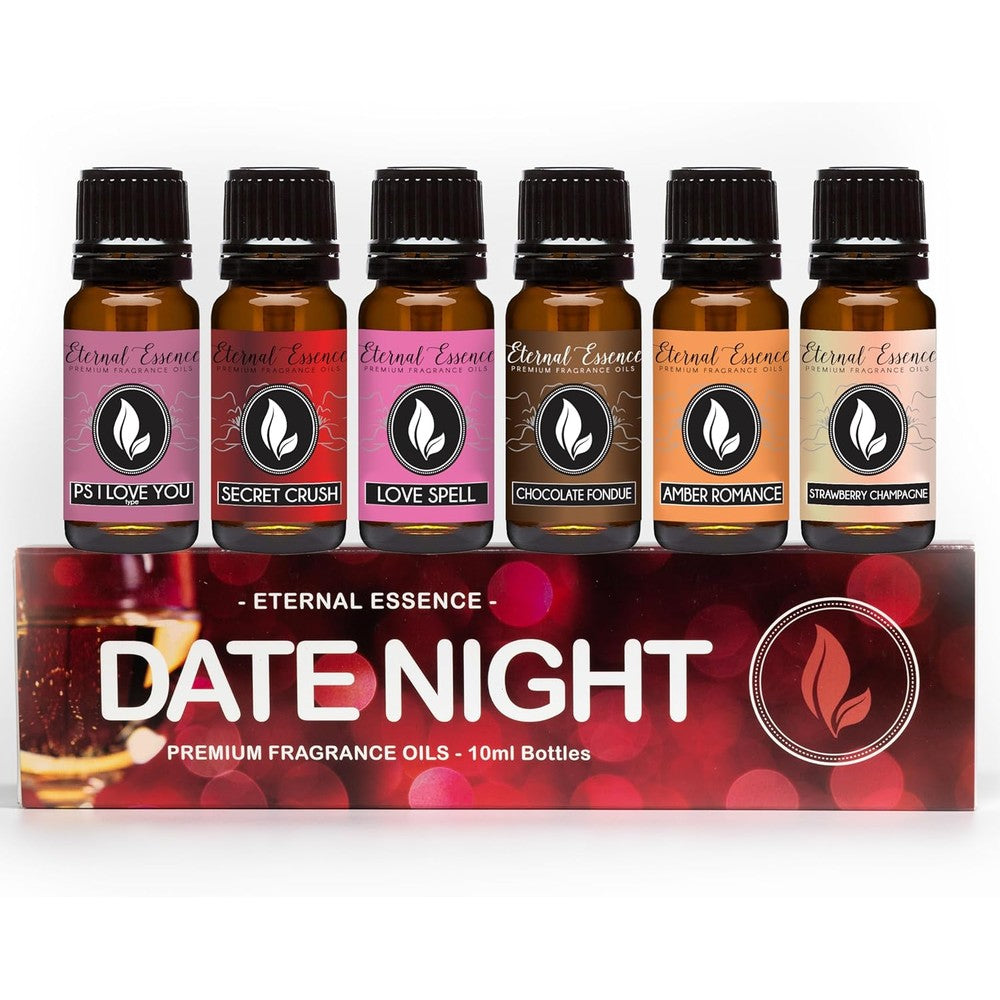 Eternal Essence Oils Date Night Set front view of six 10ml amber glass bottles