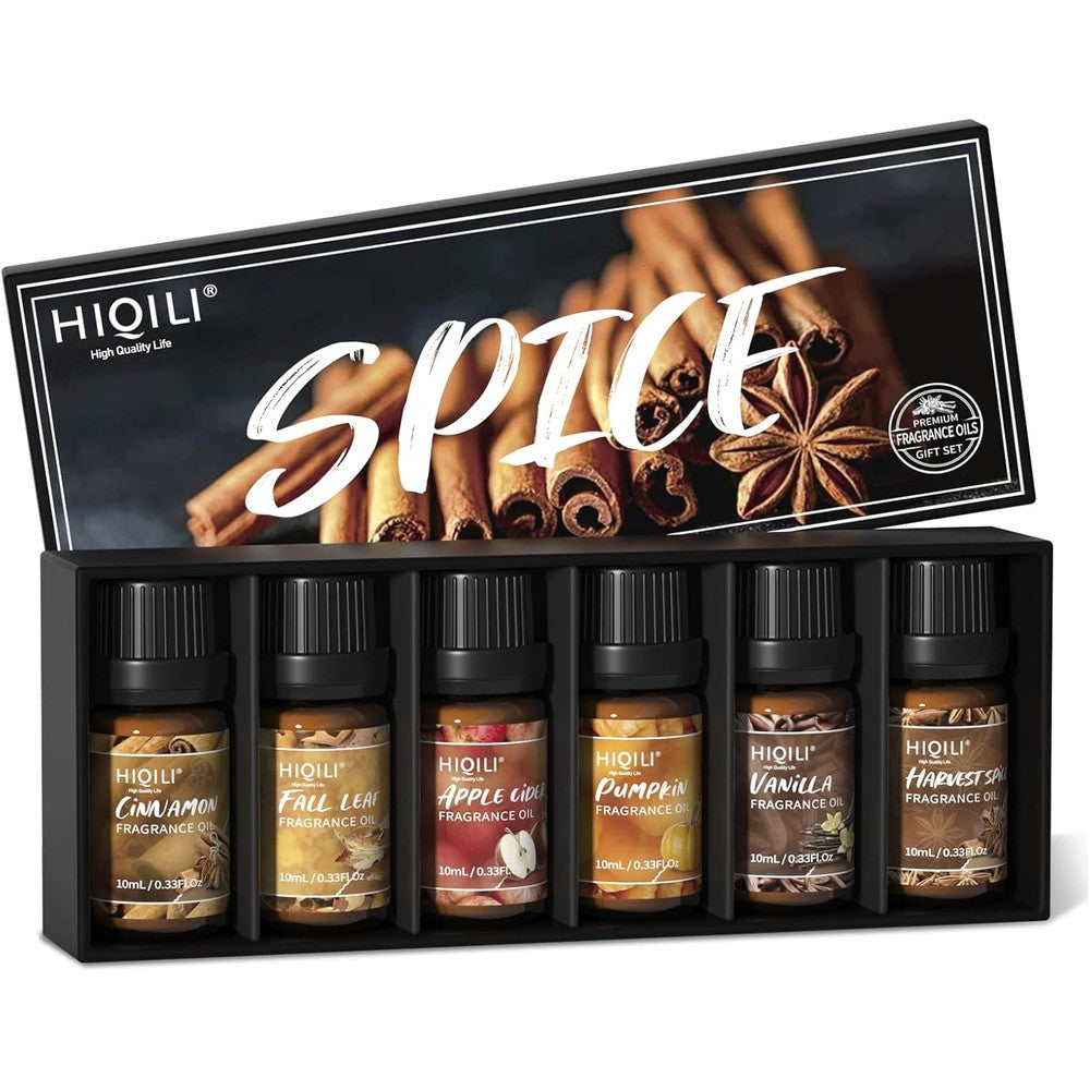 HIQILI Spice Fragrance Oil Set front view showing six bottles for candle making.