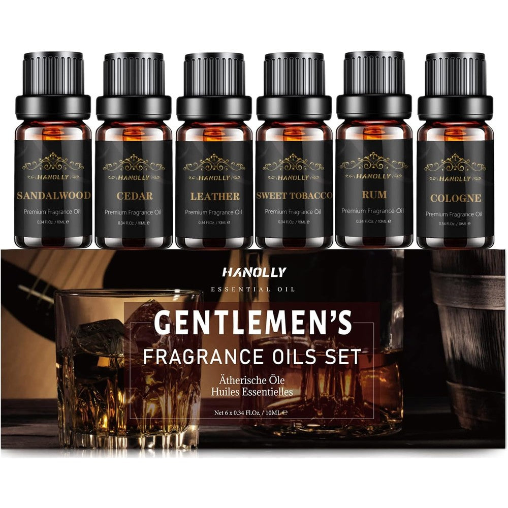 Hanolly Men's Essential Oils Set front view of six fragrance bottles.