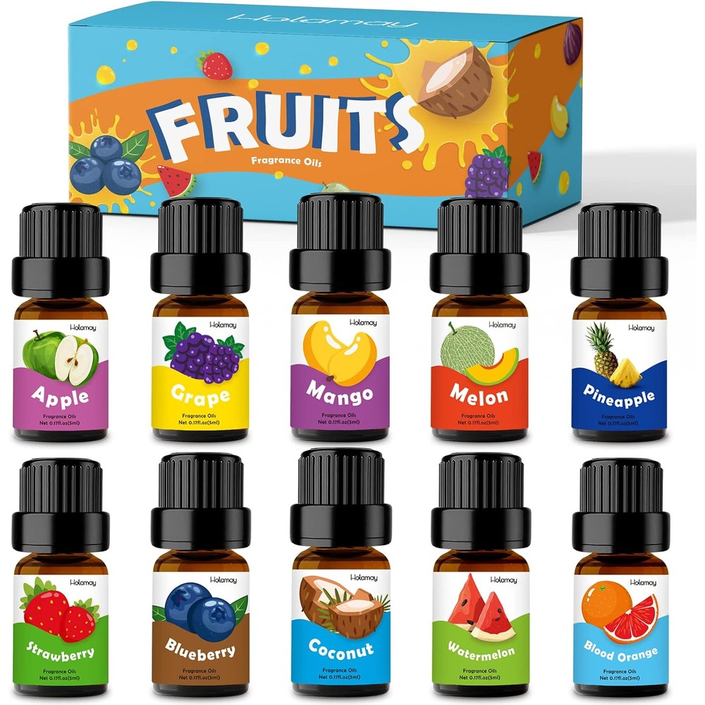 Holamay Fruit Fragrance Oil Set front view showing ten assorted bottles for candle making.