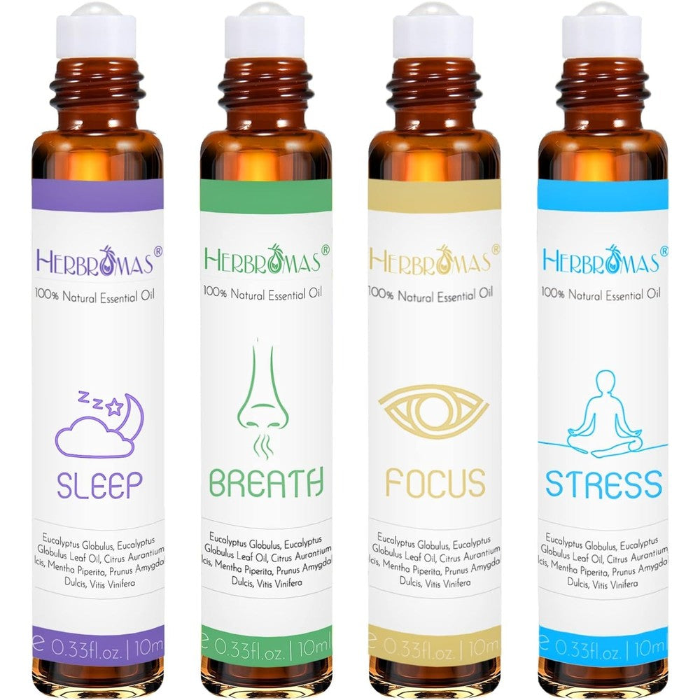HERBROMAS Aromatherapy Essential Oils Roller Set front view of 4-pack gift box