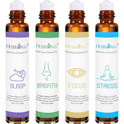 HERBROMAS Aromatherapy Essential Oils Roller Set front view of 4-pack gift box