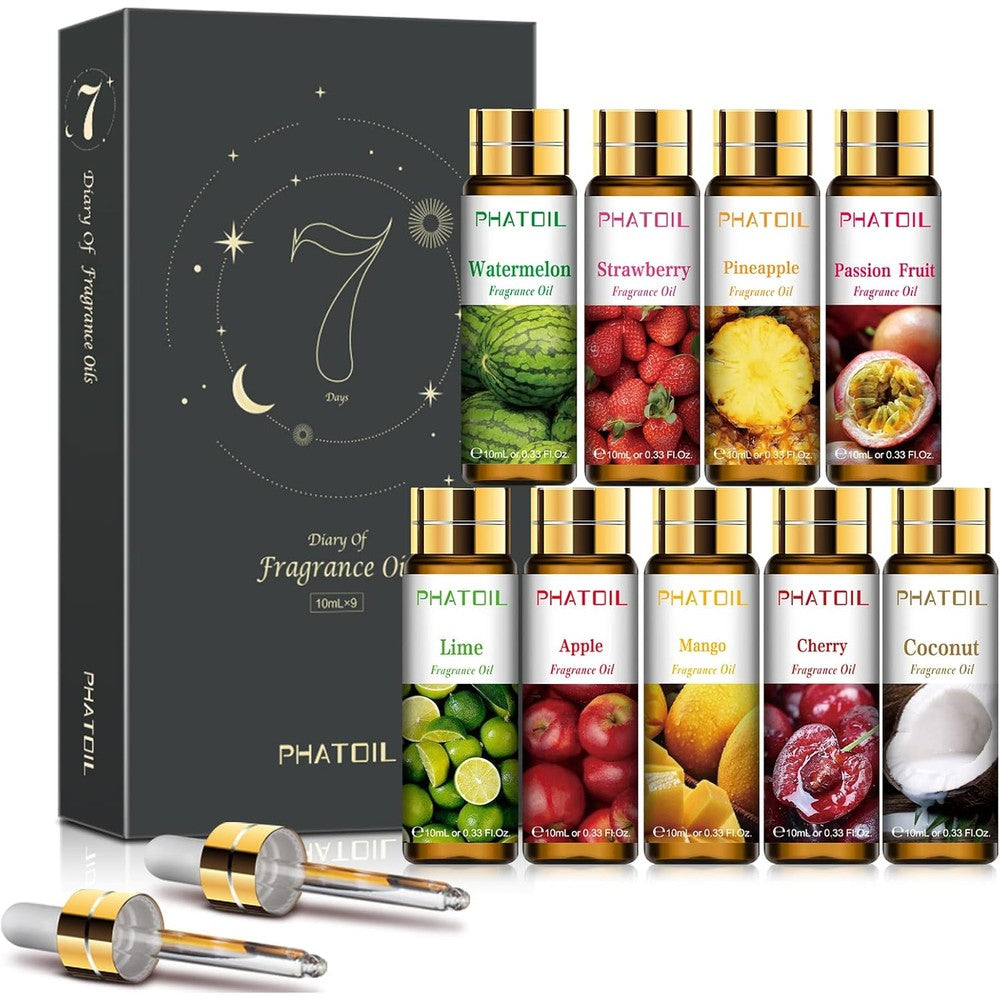 PHATOIL 9-Piece Fruity Fragrance Oil Gift Set front view for aromatherapy.