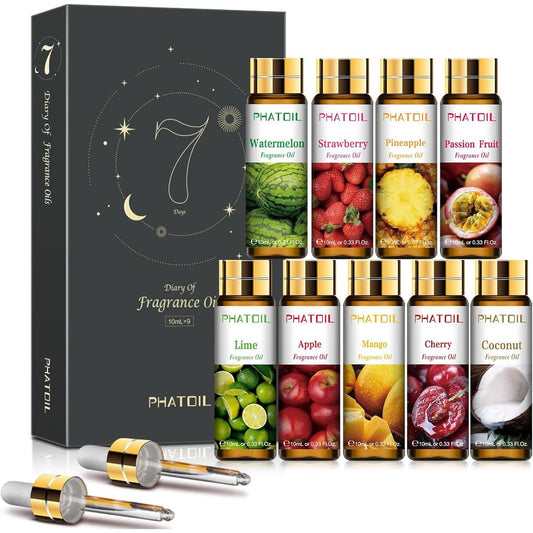 PHATOIL 9-Piece Fruity Fragrance Oil Gift Set front view for aromatherapy.