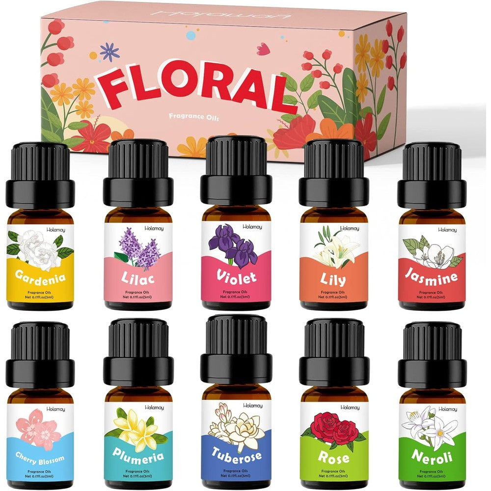 Holamay Floral Fragrance Oils set front view of 10 bottle collection for aromatherapy.