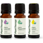 Plant Therapy Top 3 Organic Essential Oil Set front view highlighting Lemon Lavender and Peppermint bottles.