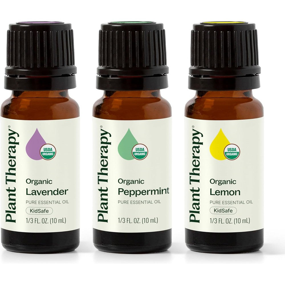 Plant Therapy Top 3 Organic Essential Oil Set front view highlighting Lemon Lavender and Peppermint bottles.