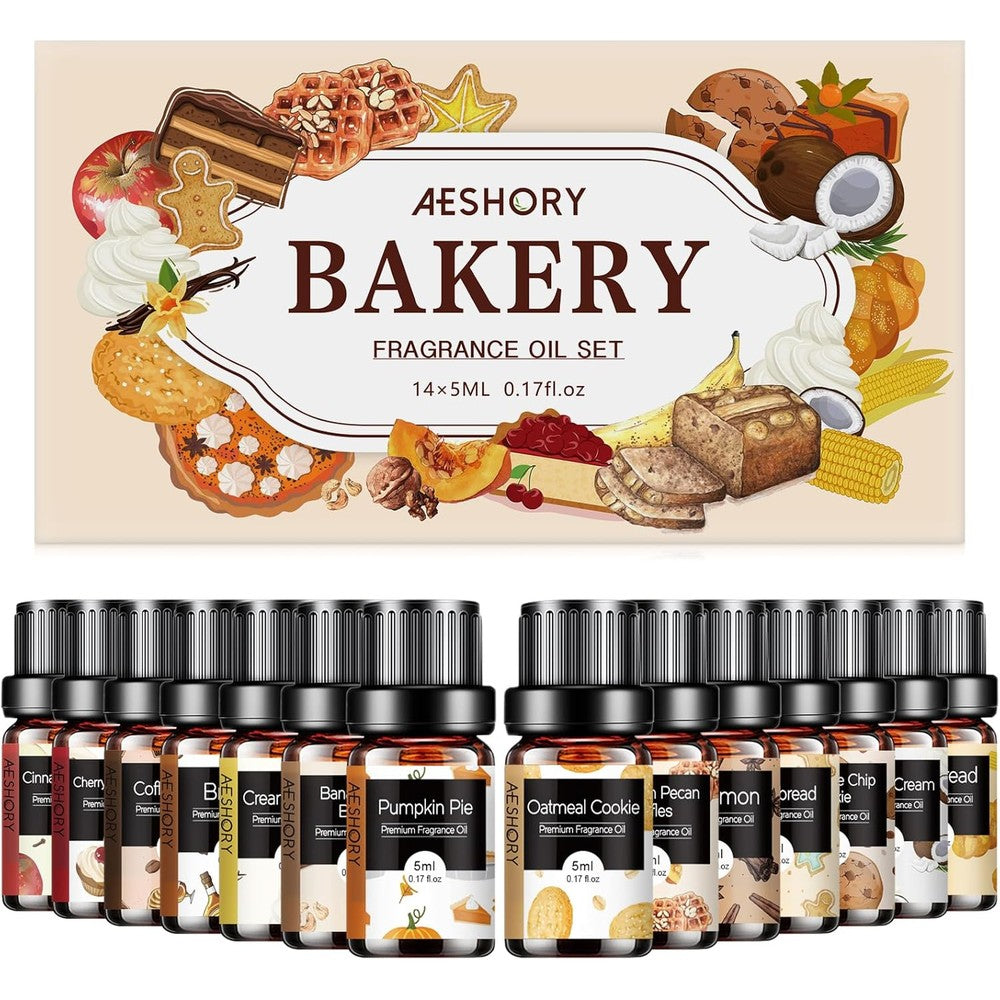 Aeshory Bakery Essential Oils Set front view of 14 fragrance bottles.