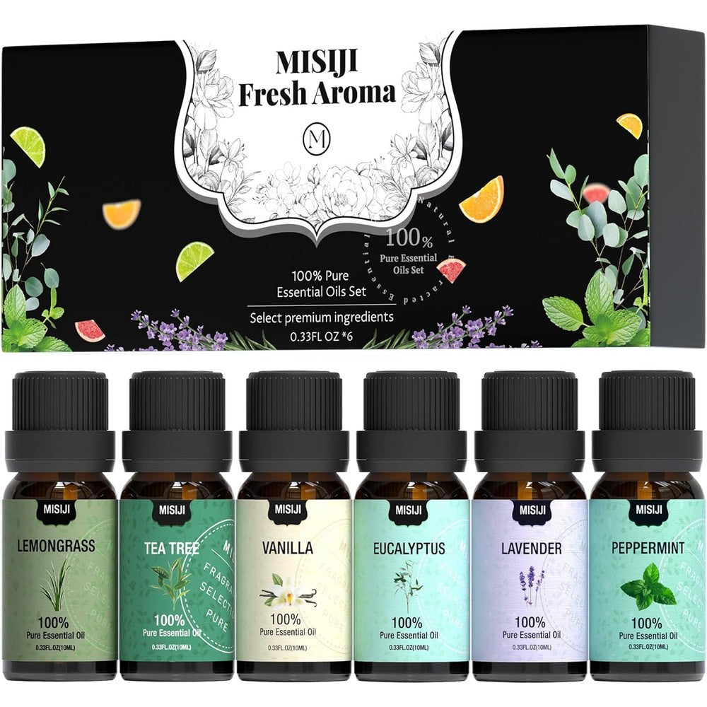 MISIJI Essential Oils Set front view of six 10ml amber bottles for aromatherapy