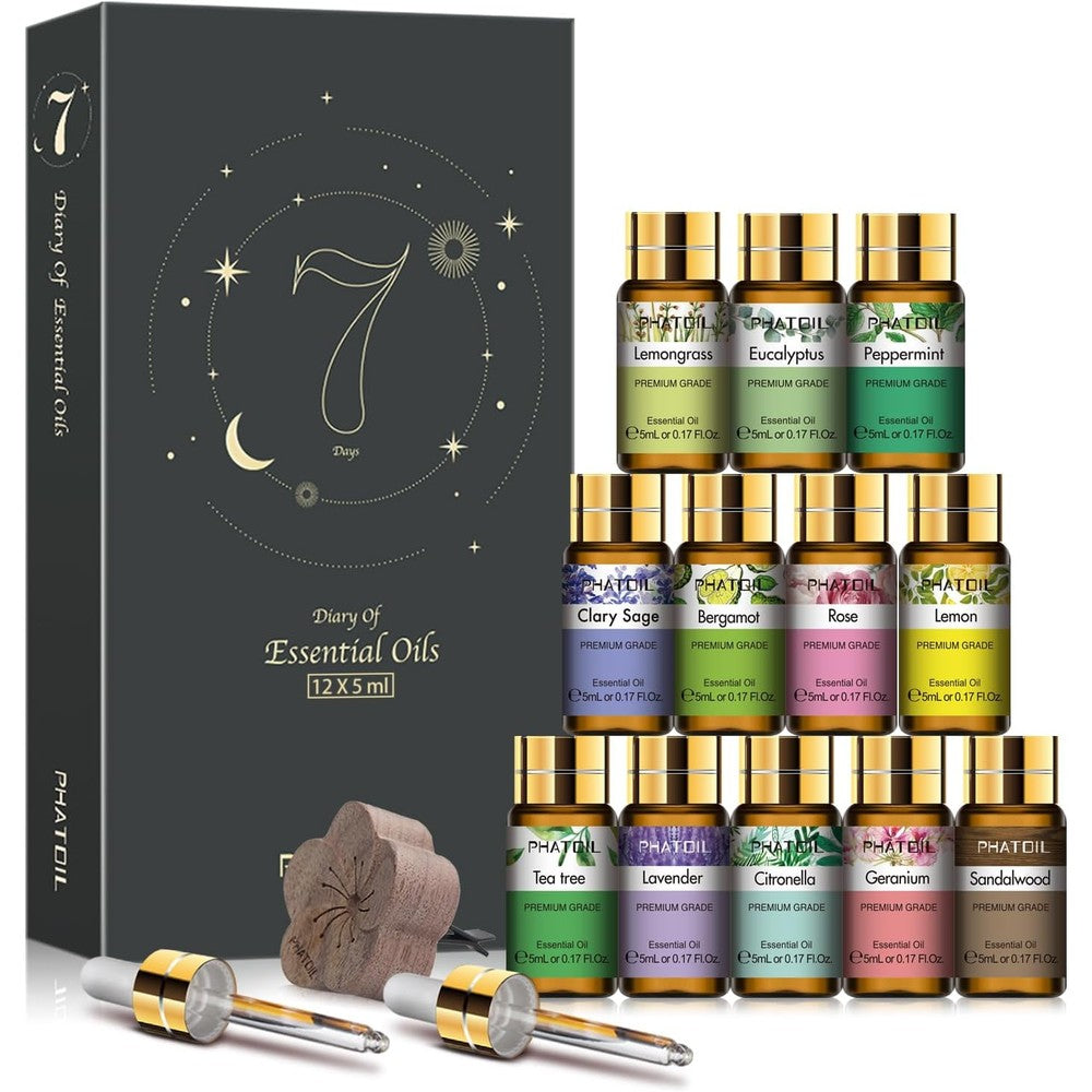 PHATOIL Essential Oil Set 12-pack front view for aromatherapy gift set