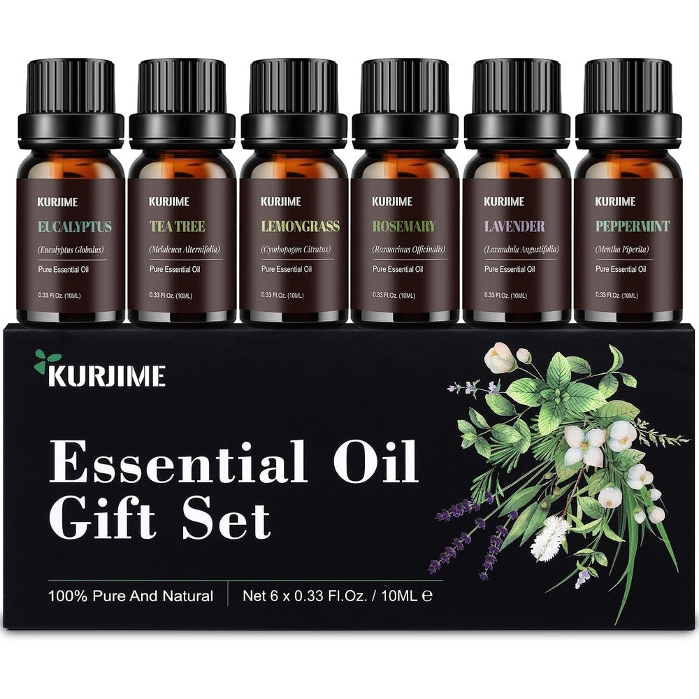 Kurjime Essential Oil Set front view of six 10 milliliter amber bottles for aromatherapy.