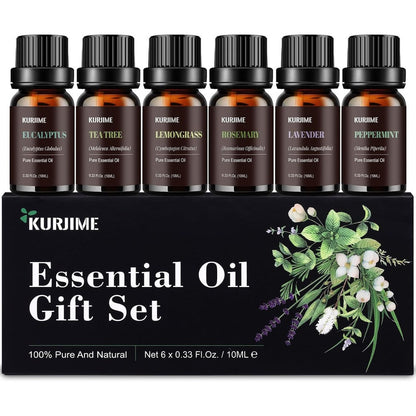 Kurjime Essential Oil Set front view of six 10 milliliter amber bottles for aromatherapy.