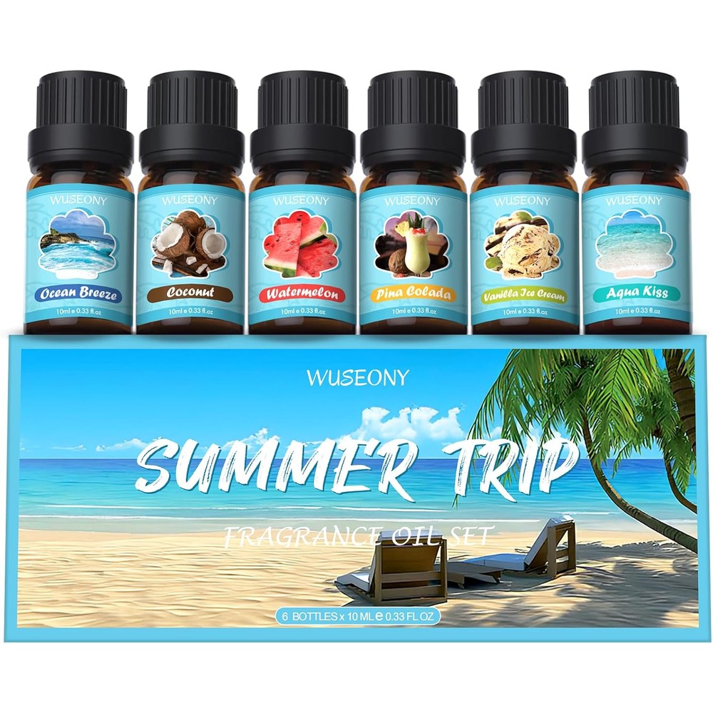 WUSEONY Summer Fragrance Oils Set front view of six bottles in packaging.