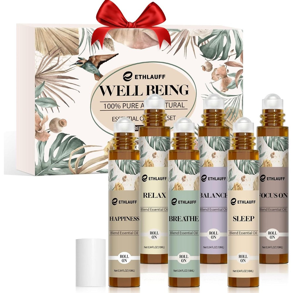 Ethlauff Essential Oils Roll On Set front view of six aromatherapy bottles.