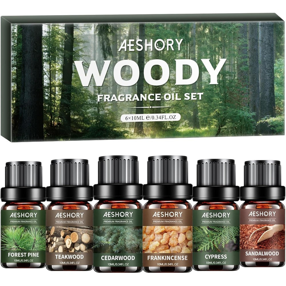 Aeshory Woody Essential Oils Set front view of 6 bottle gift box for aromatherapy.