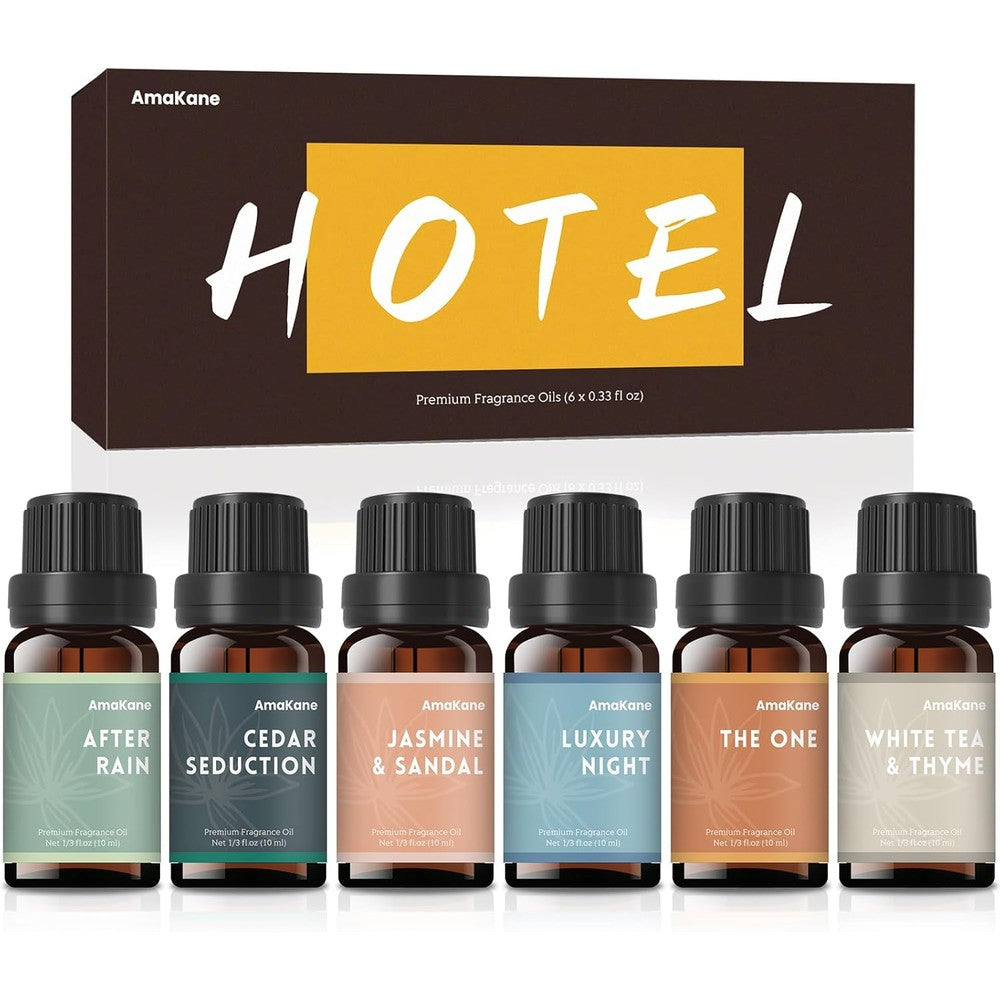AmaKane Hotel Diffuser Oils 6-pack front view showcasing luxury fragrance bottles.