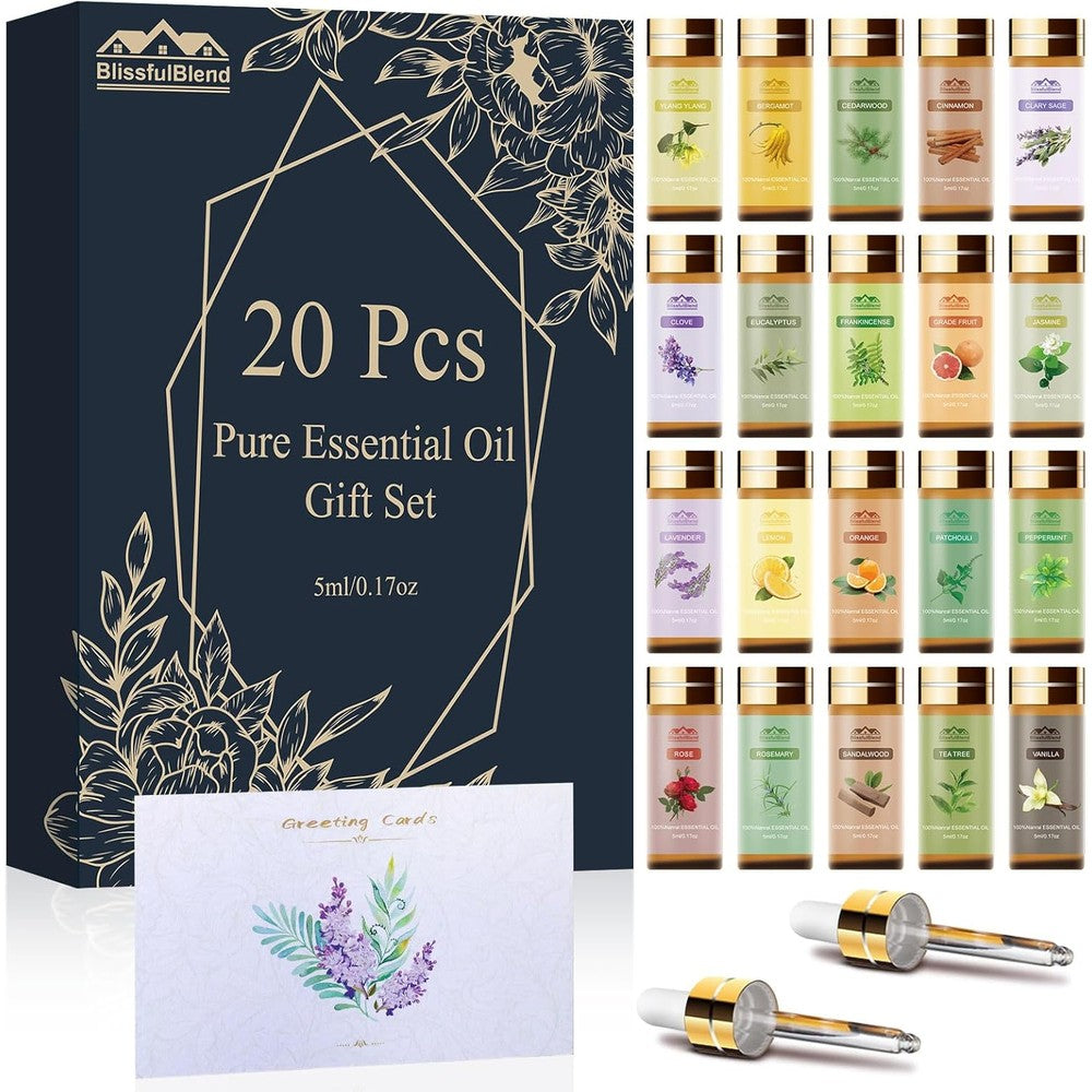 BlissfulBlend Pure Essential Oils 20 piece gift set front view for aromatherapy.