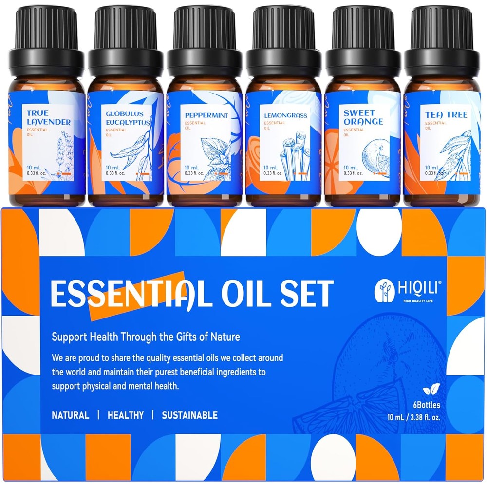 HIQILI Essential Oils Top 6 Gift Set front view with lavender and peppermint bottles.