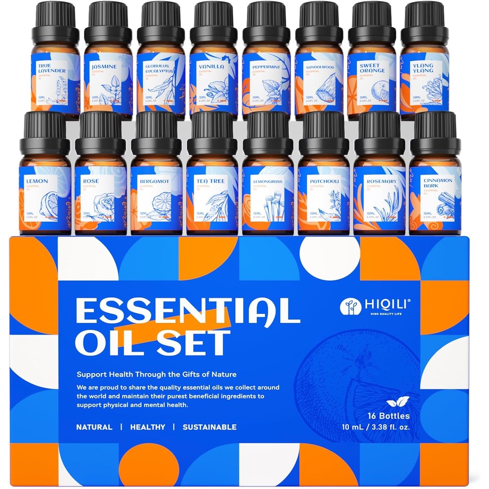 HIQILI Essential Oils Set front view of 16 bottle aromatherapy collection