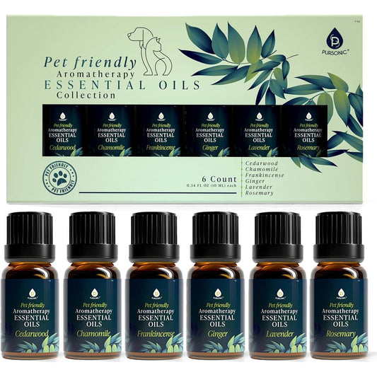 Pursonic Pet Friendly Aromatherapy Essential Oils Collection front view of 6-pack set.