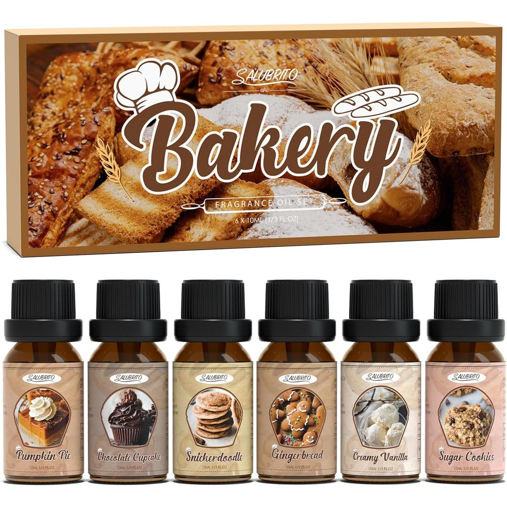 Salubrito Bakery Fragrance Oils Set front view of six dessert scented bottles.