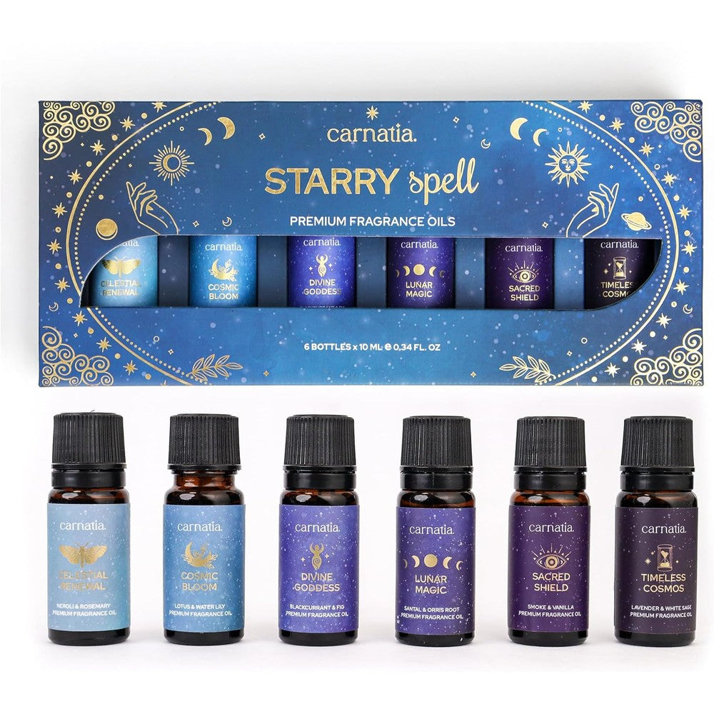 Carnatia Starry Spell Fragrance Oil Set front view showing six bottles in a gift box for aromatherapy.