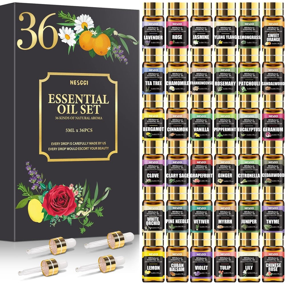 NESCCI Essential Oil Set front view showing 36 bottles in a gift box