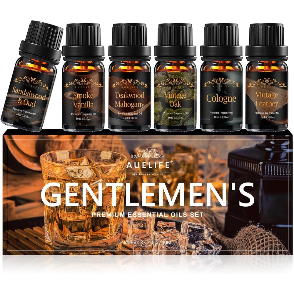 Auelife Men Essential Oils Set front view of six masculine fragrance bottles.