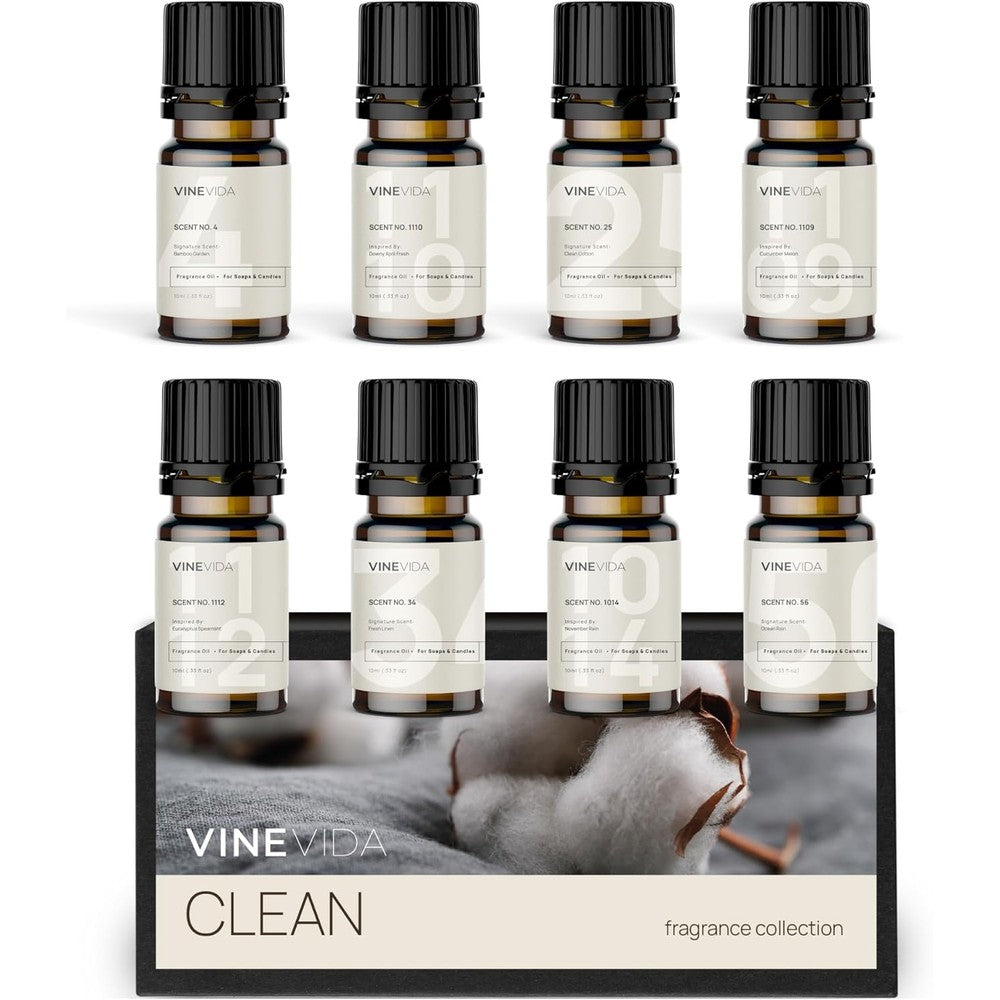 VINEVIDA Set of 8 Clean Scents fragrance oils front view for candle making.