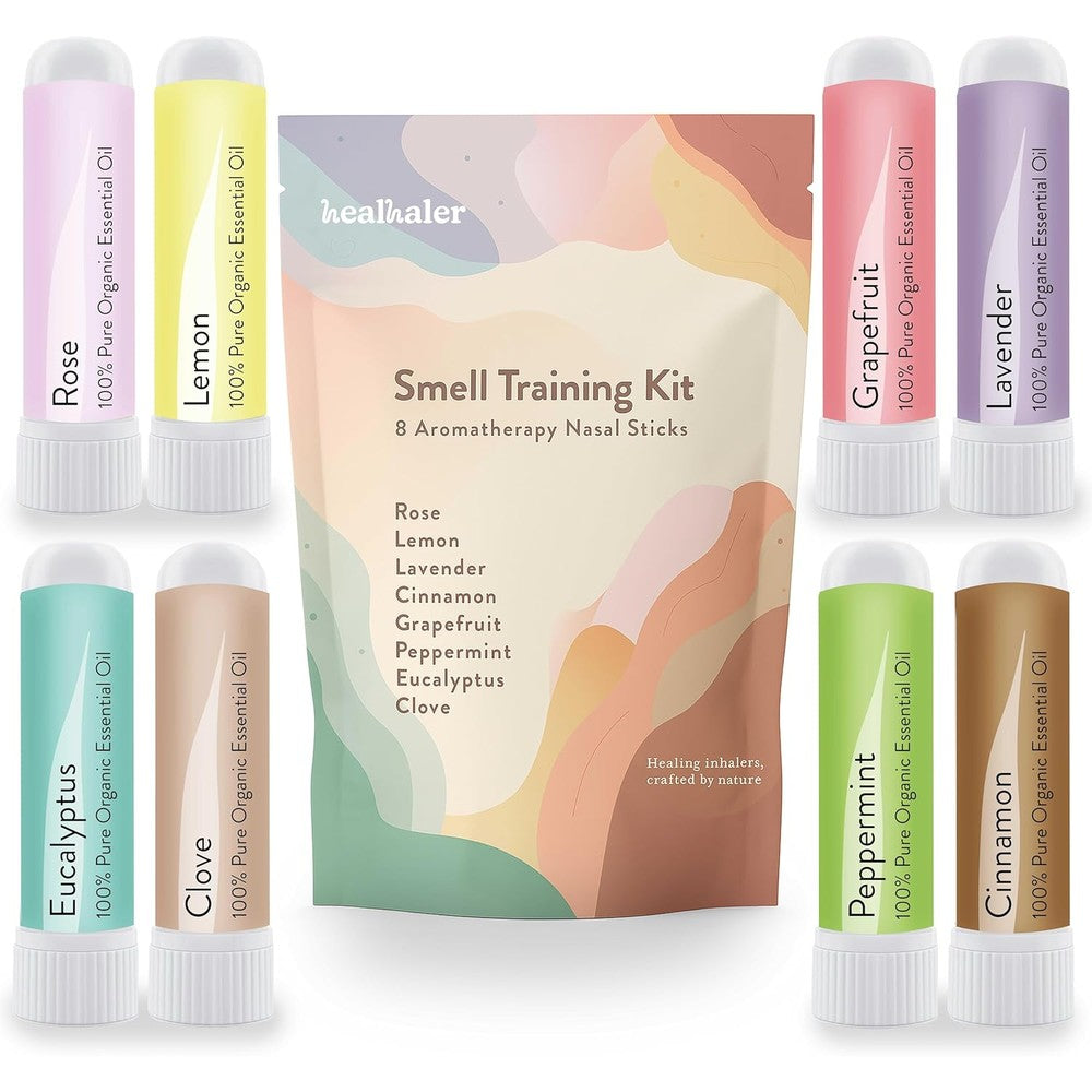 Healhaler Smell Training Kit front view showing 8 colorful nasal inhaler sticks for olfactory retraining.