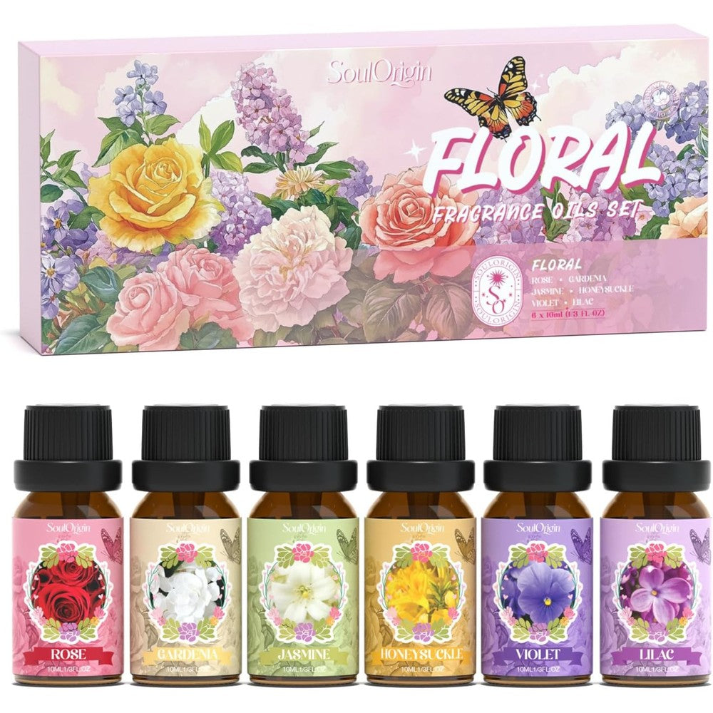 SoulOrigin Floral Essential Oils Set front view showing six bottles of fragrance oils.